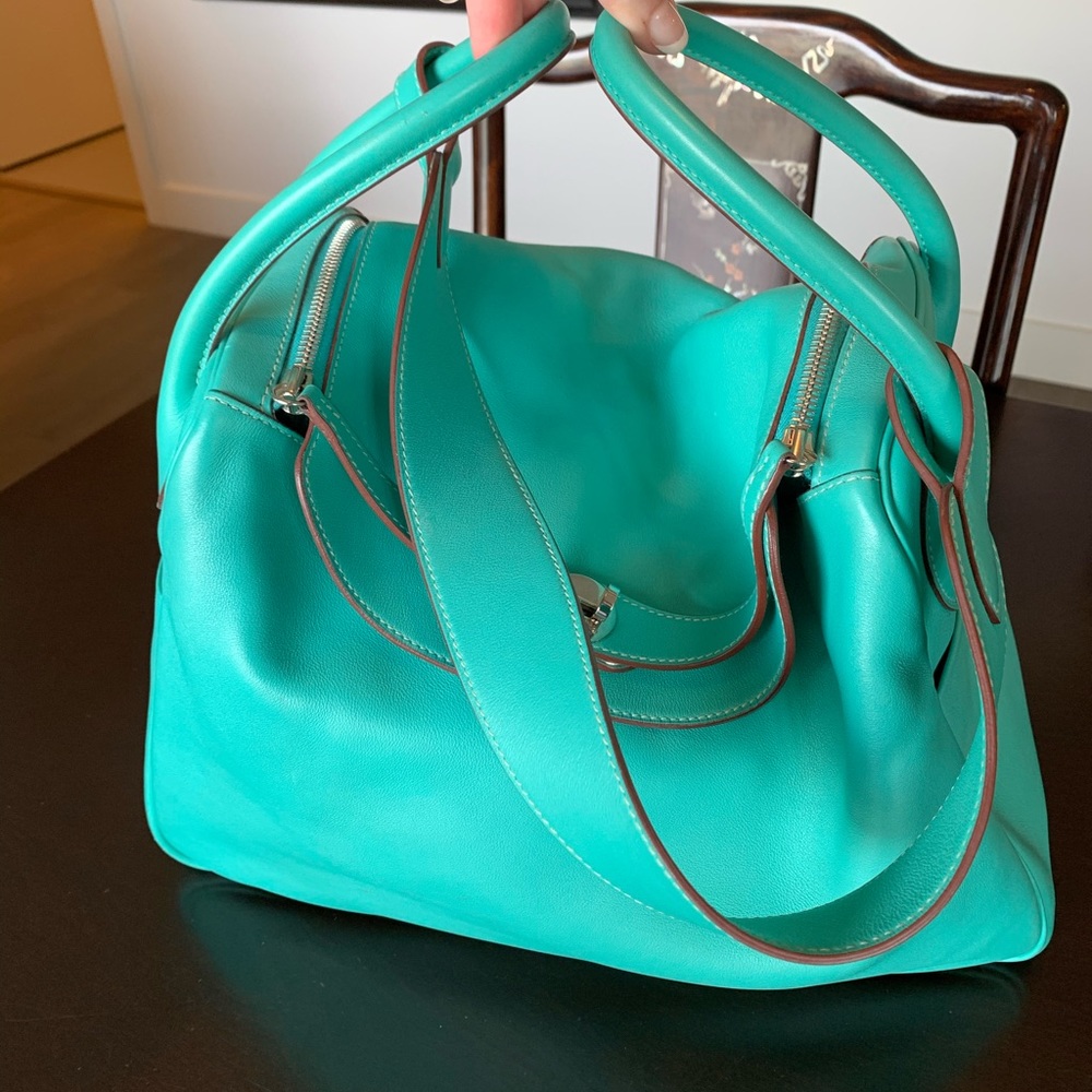 100% Auth RARE Hermès Lindy Lagoon Blue Green 34cm